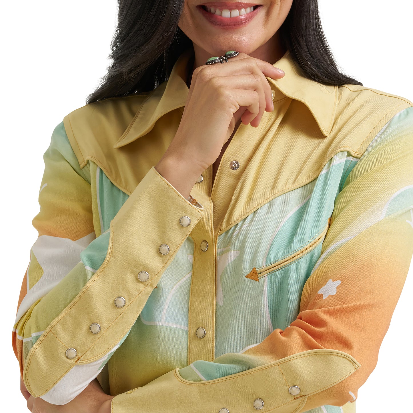 Wrangler X Lainey Wilson Ladies Butter Yellow Multicolor Snap Shirt 112382833