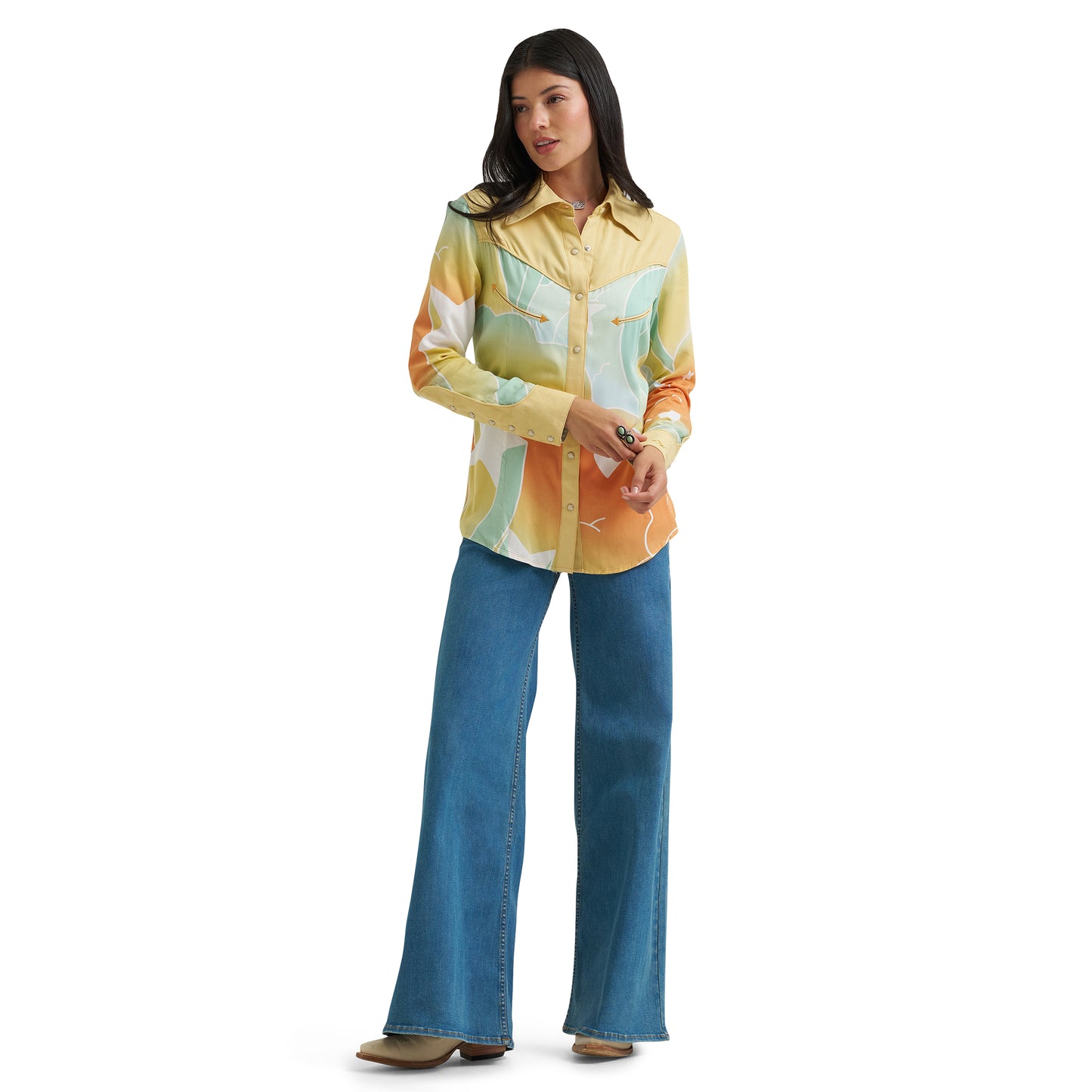 Wrangler X Lainey Wilson Ladies Butter Yellow Multicolor Snap Shirt 112382833
