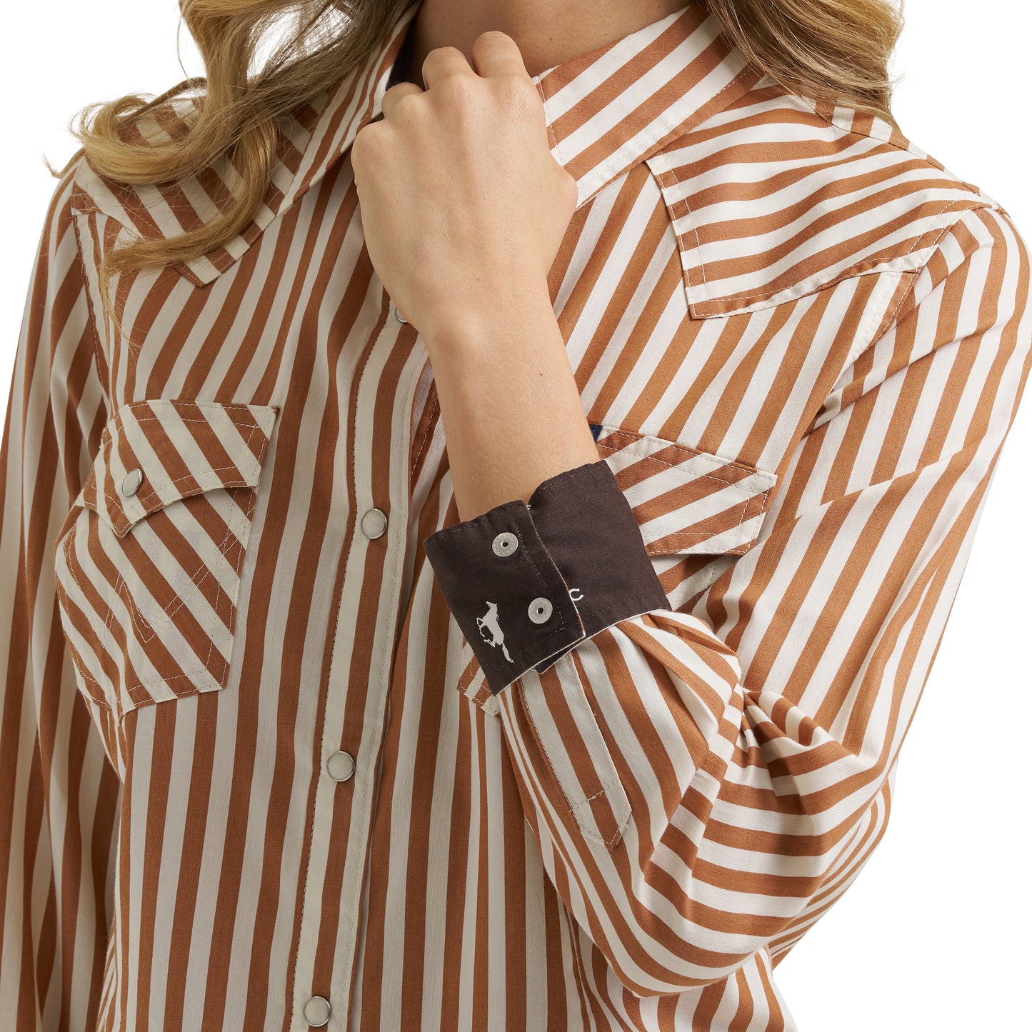 Wrangler Ladies Retro® Western Dress Brown Striped Snap Shirt 112385311
