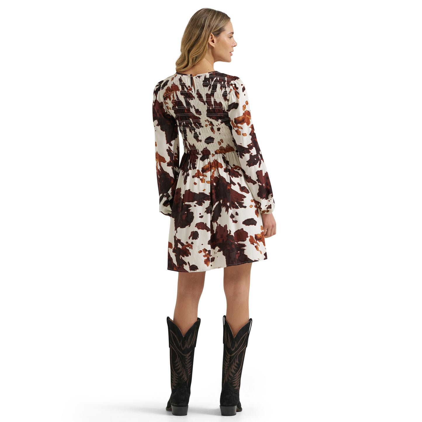 Wrangler Ladies Retro® Punchy Brown Cow Print Smocked Dress 112385437