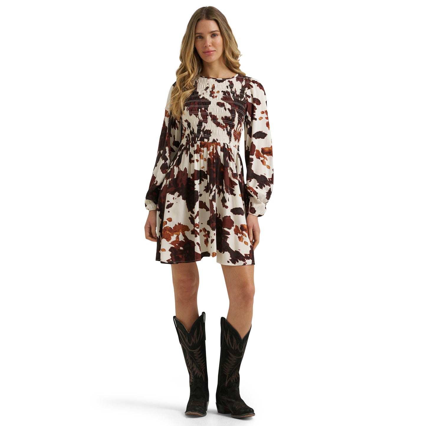 Wrangler Ladies Retro® Punchy Brown Cow Print Smocked Dress 112385437