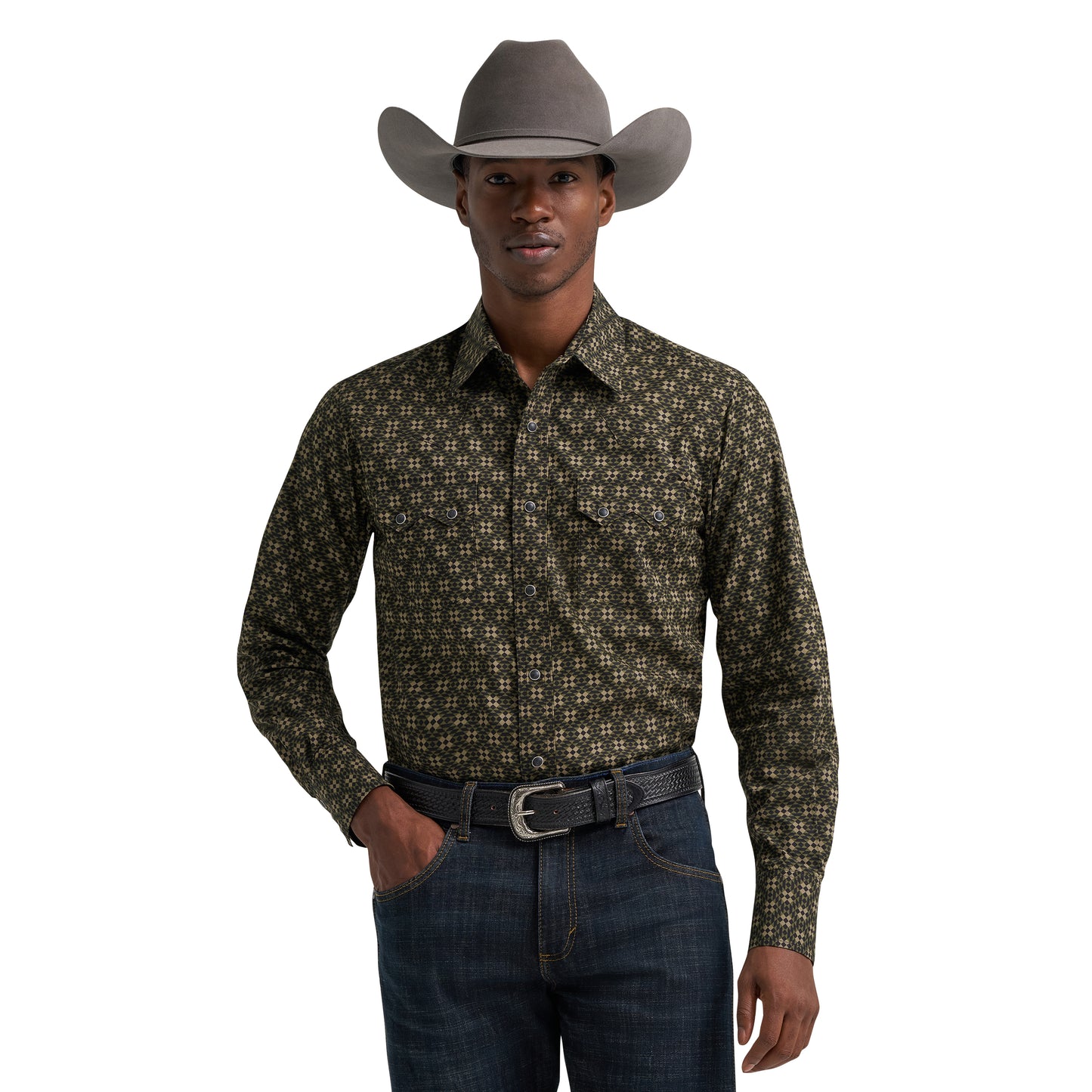 Wrangler Men's Retro® Black & Brown Geo Print Snap Shirt 112385601