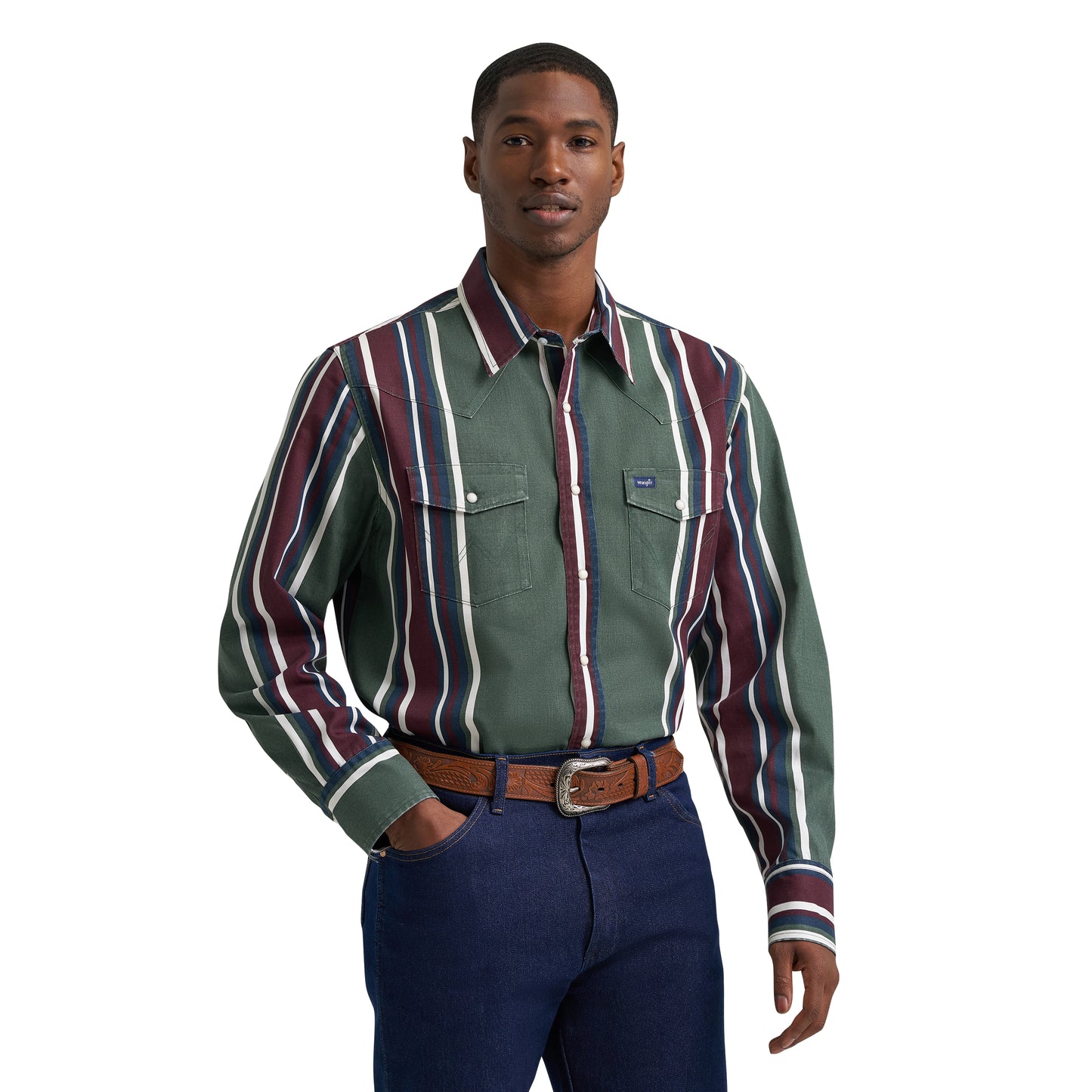 Wrangler Men's Vintage Inspired Brushpopper Green Multi Stripe Shirt 112385788
