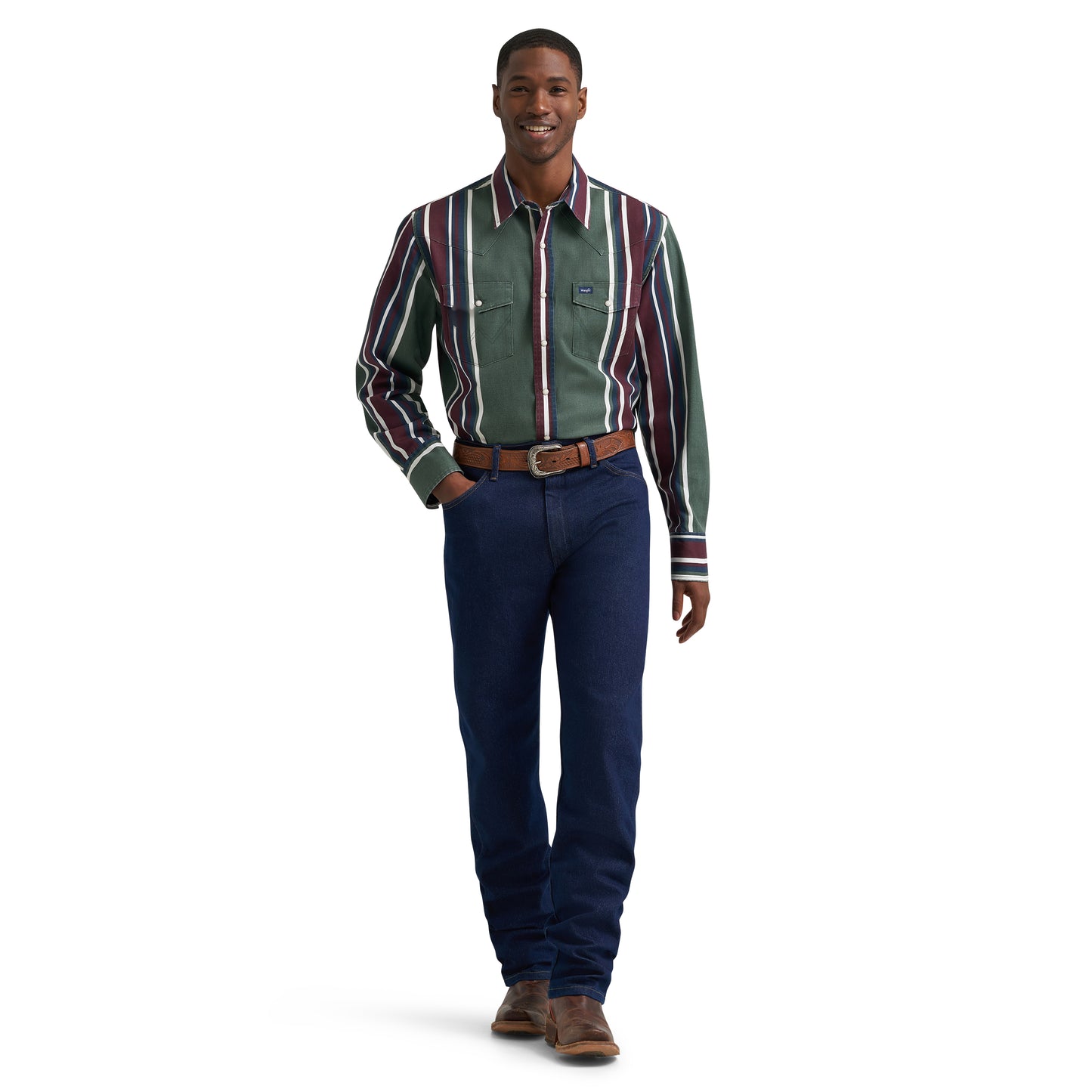 Wrangler Men's Vintage Inspired Brushpopper Green Multi Stripe Shirt 112385788