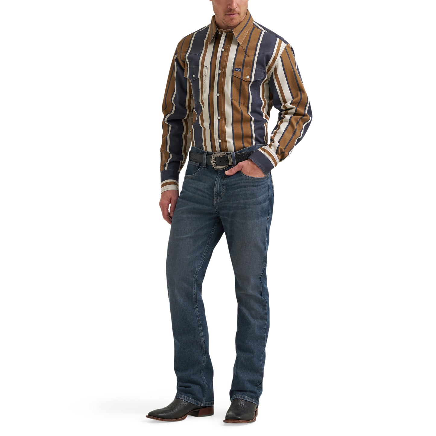 Wrangler Men's Vintage Inspired Brushpopper Brown & Blue Striped Shirt 112385789