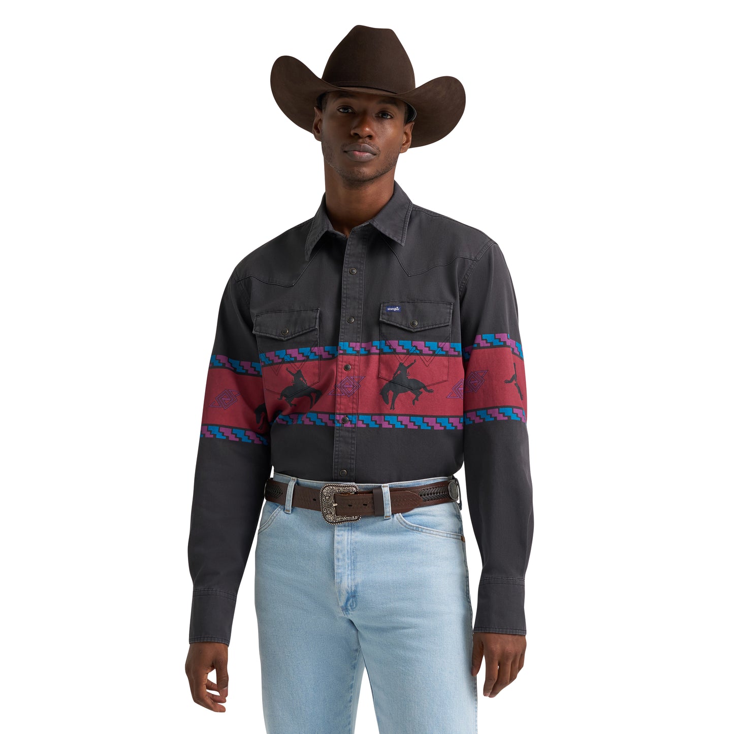 Wrangler Men's Vintage Inspired Black Border Print Snap Shirt 112385790