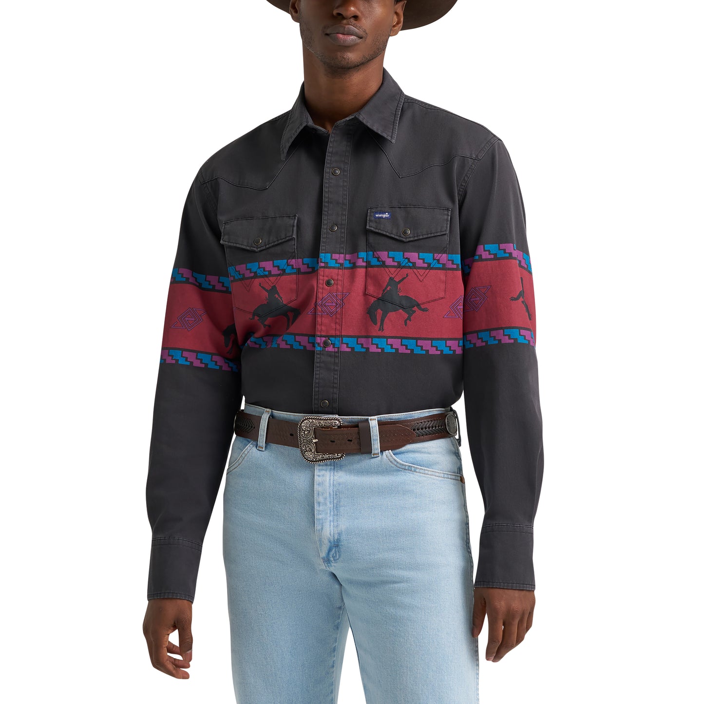 Wrangler Men's Vintage Inspired Black Border Print Snap Shirt 112385790