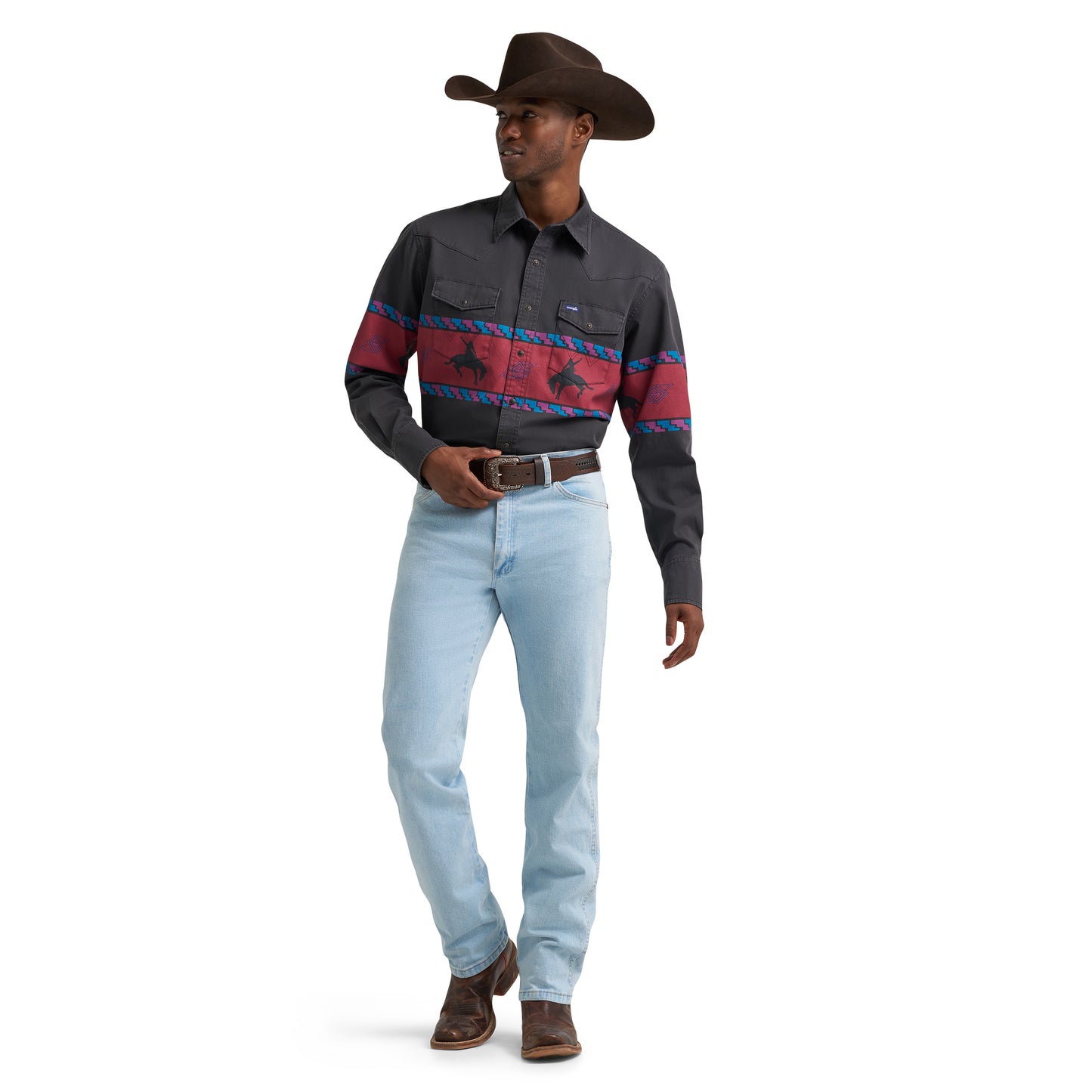 Wrangler Men's Vintage Inspired Black Border Print Snap Shirt 112385790