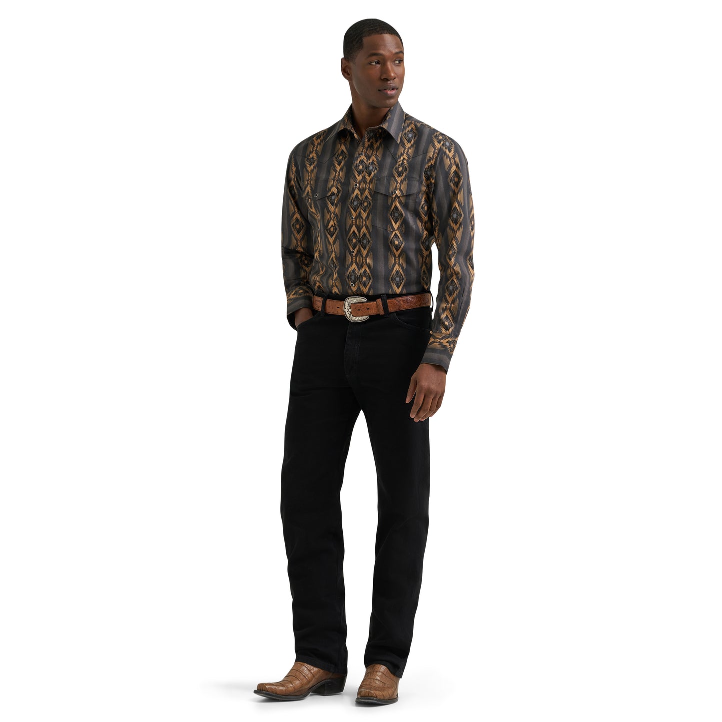 Wrangler Men's Checotah® Dress Western Brown & Black Snap Shirt 112385791