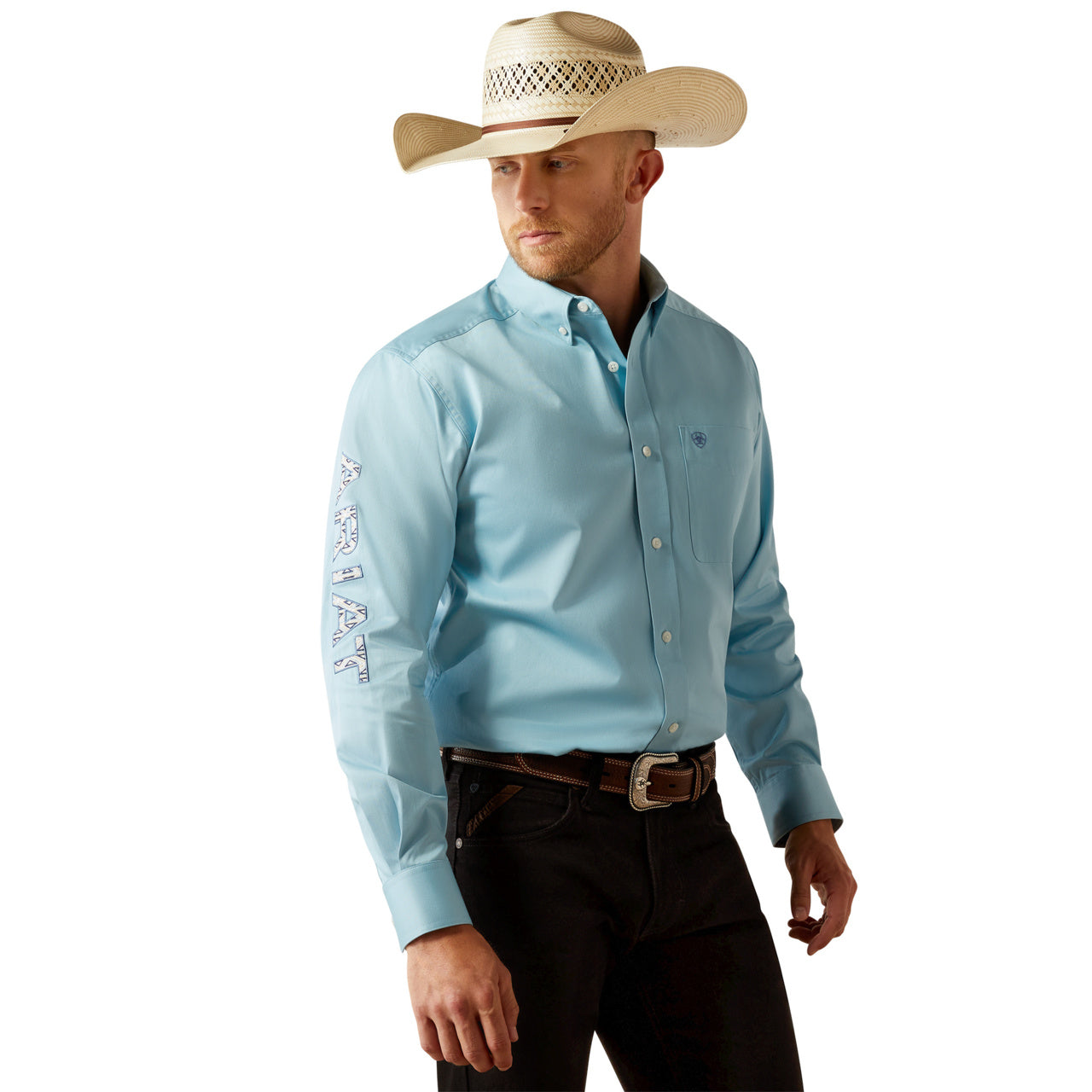 Ariat Men's Team Logo Twill Light Blue Classic Button Down Shirt 10055235