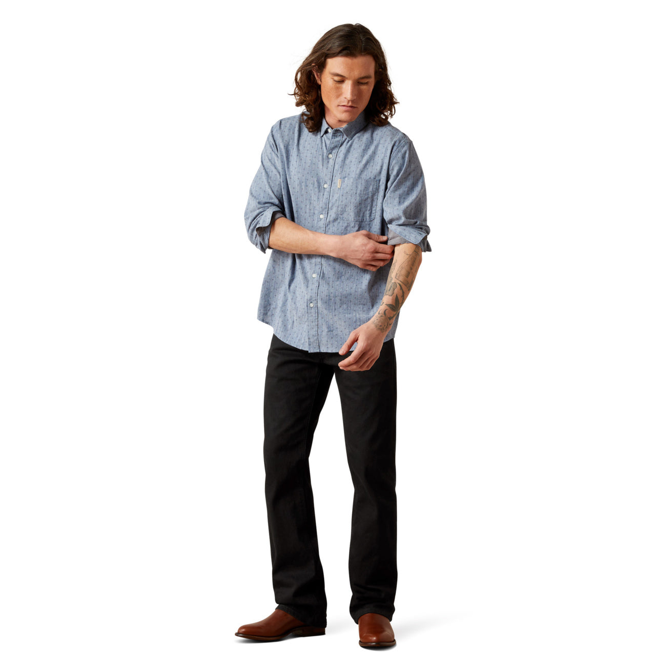 Ariat Men's Macoy Modern Fit Chambray Blue Button Down Shirt 10065763