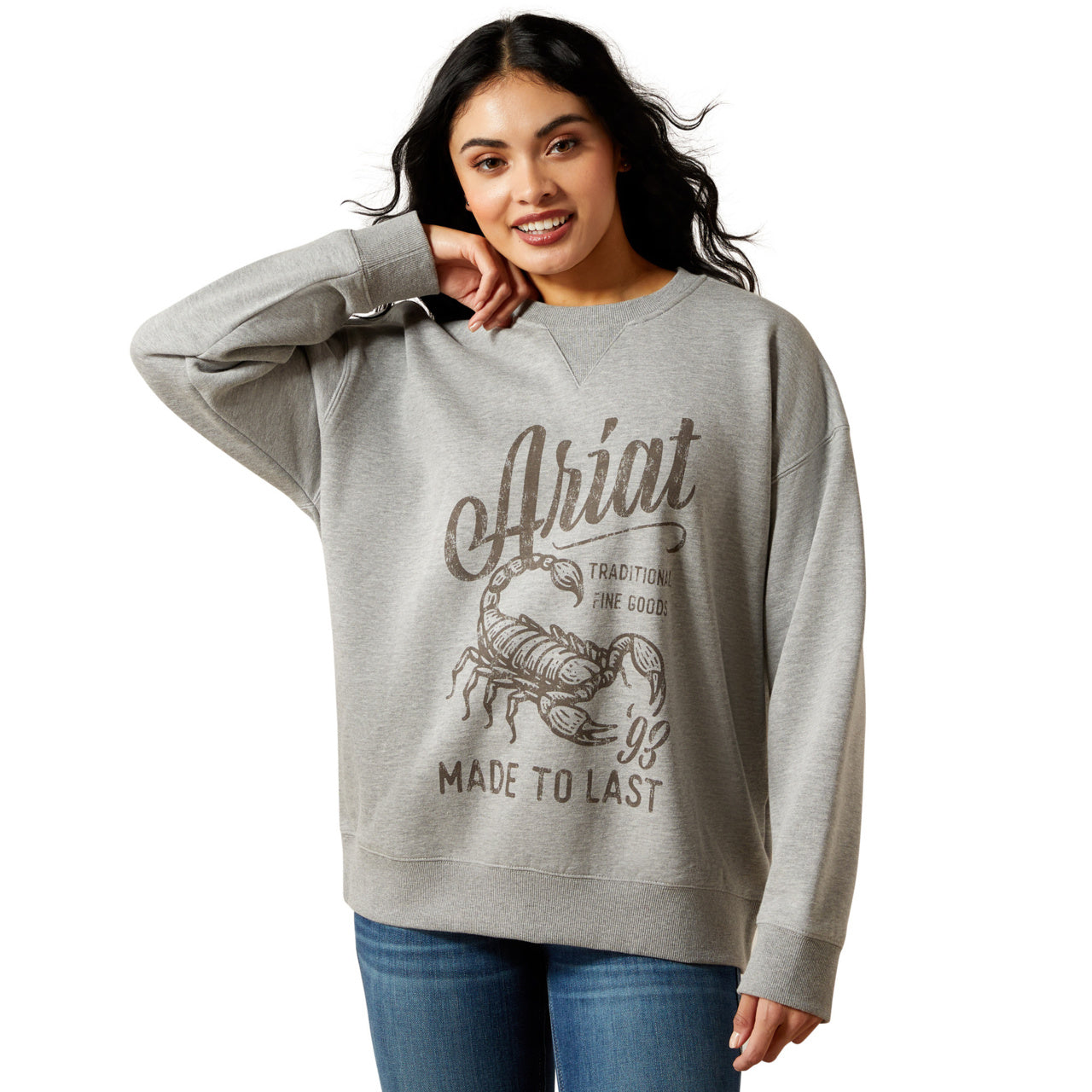 Ariat Ladies Scorpion Script Heather Grey Oversized Sweatshirt 10065870