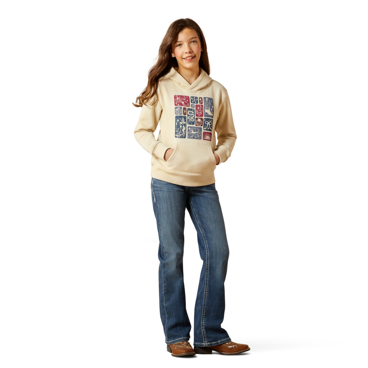 Ariat Youth Girl's Western Blocks Oyster Grey Pullover Hoodie 10065937
