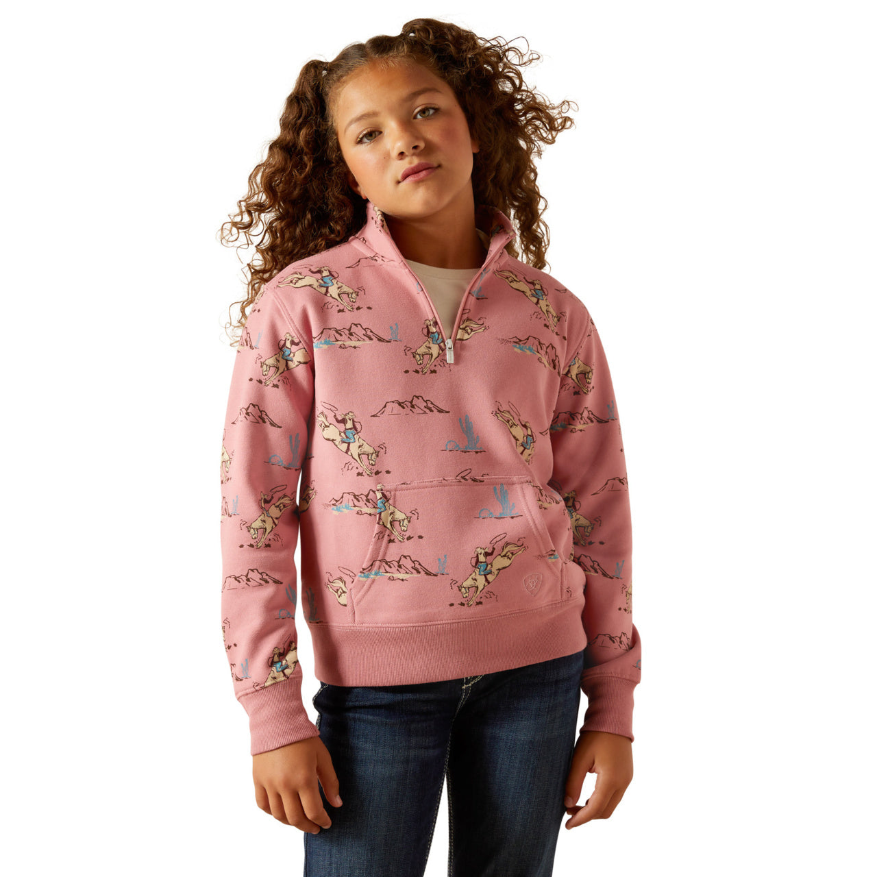 Ariat Youth Girl's Pink Bronc Toile Scene 1/4 Zip Sweatshirt 10062847