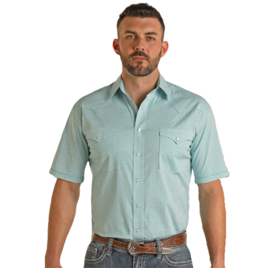 Panhandle Men's Geometric Print Turquoise Snap Shirt RMN3S03818