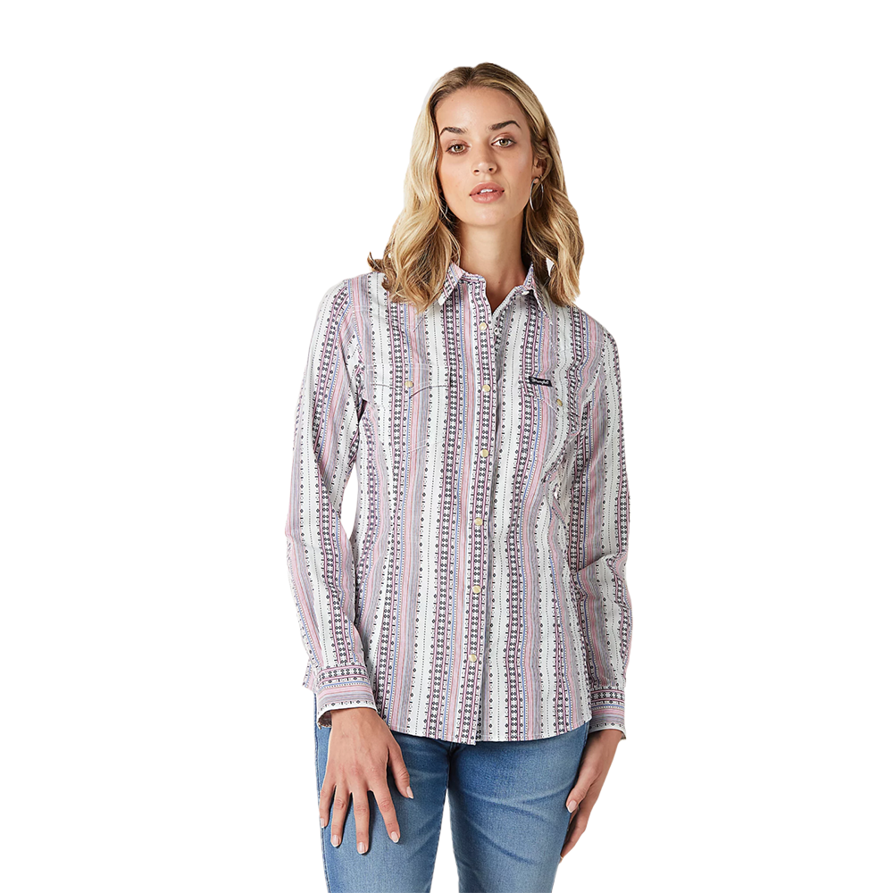 Wrangler Ladies Retro Americana White & Lilac Button Down Shirt 2336506