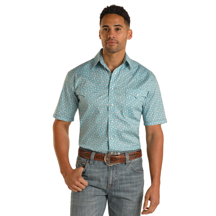 Panhandle Men's Southwestern Geo Aqua Grey Snap Shirt RMN3S03171