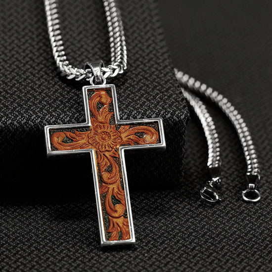 M&F Men's Twister Inlay Cross Silver Necklace 32104