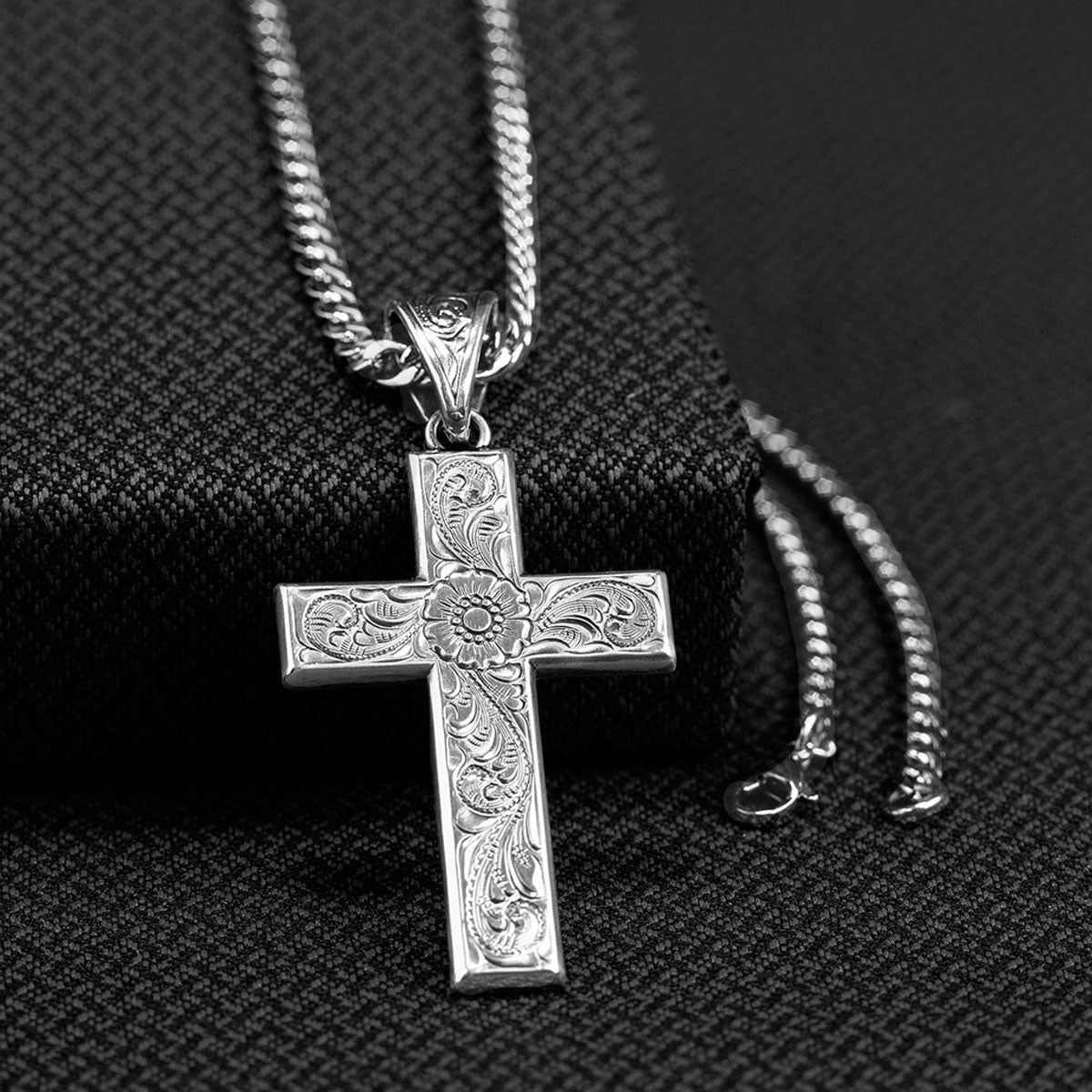 M&F Men's Floral Embossed Silver Cross Necklace 32106