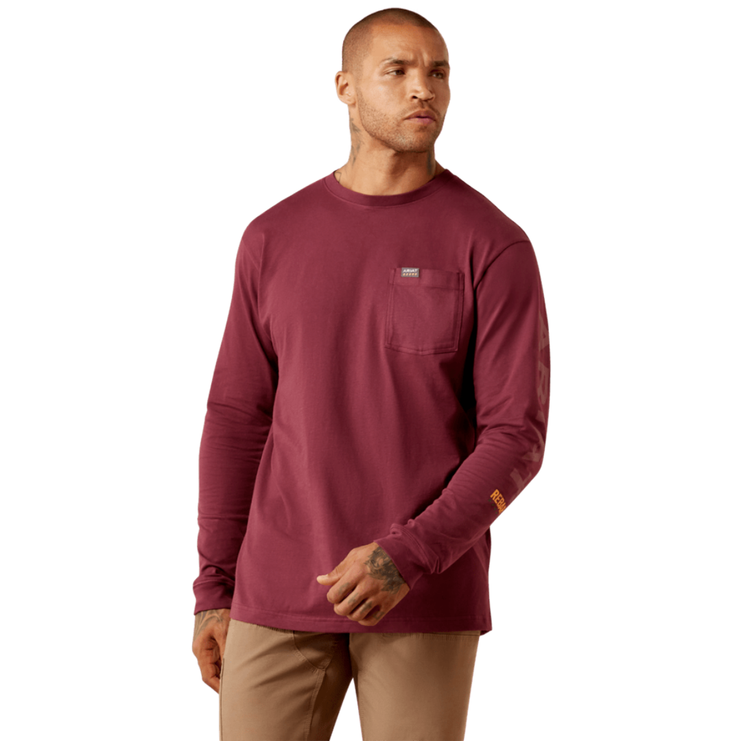 Ariat Men's Rebar Cotton Strong Burgundy Standard Logo Pocket T-Shirt 10079074