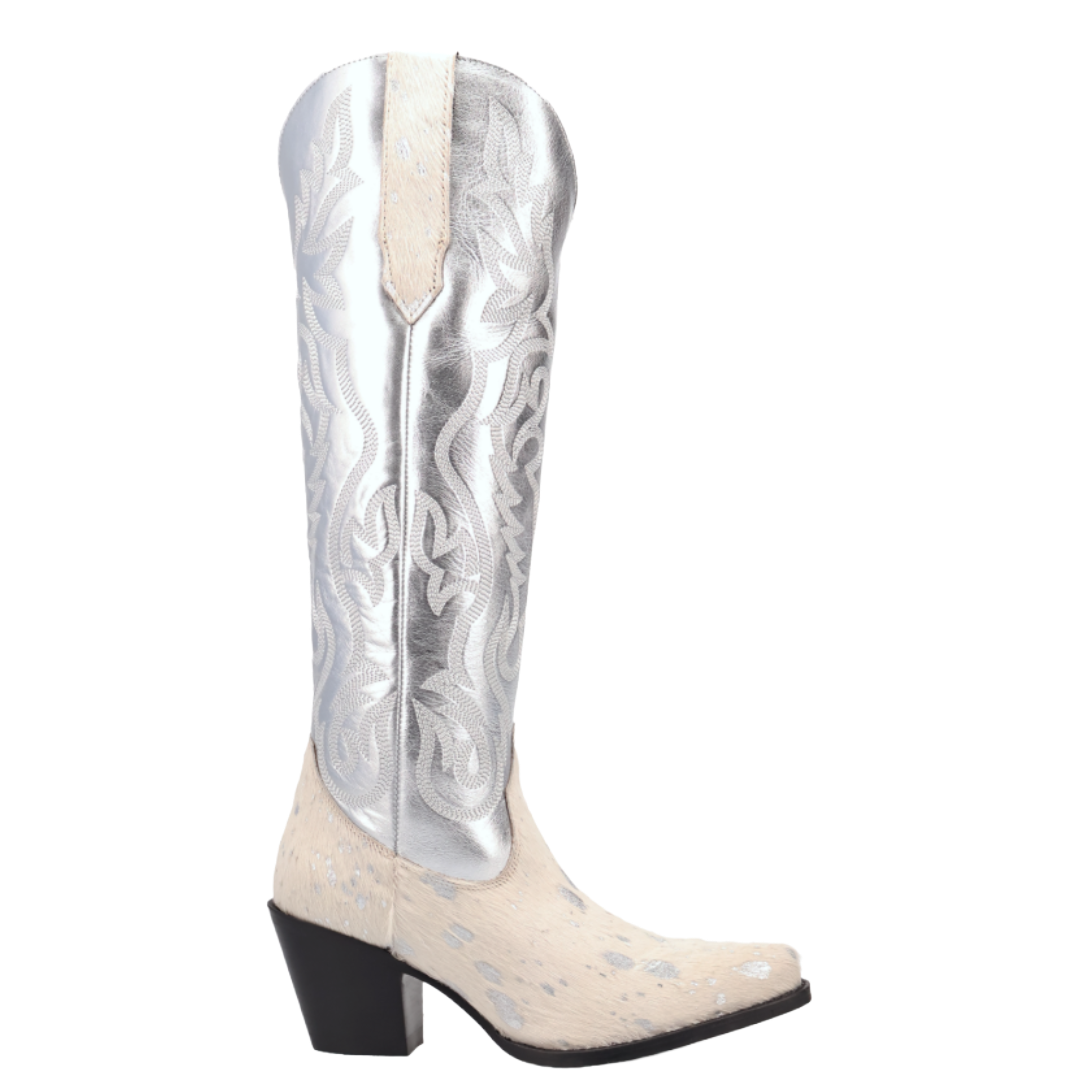 Dingo Ladies Take No Bull White Calf Hair Leather Tall Western Boot DI2375-WH