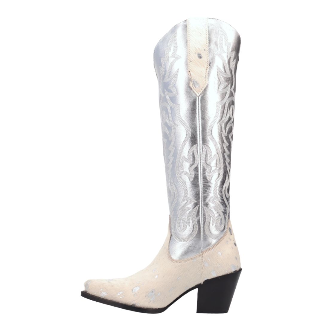 Dingo Ladies Take No Bull White Calf Hair Leather Tall Western Boot DI2375-WH