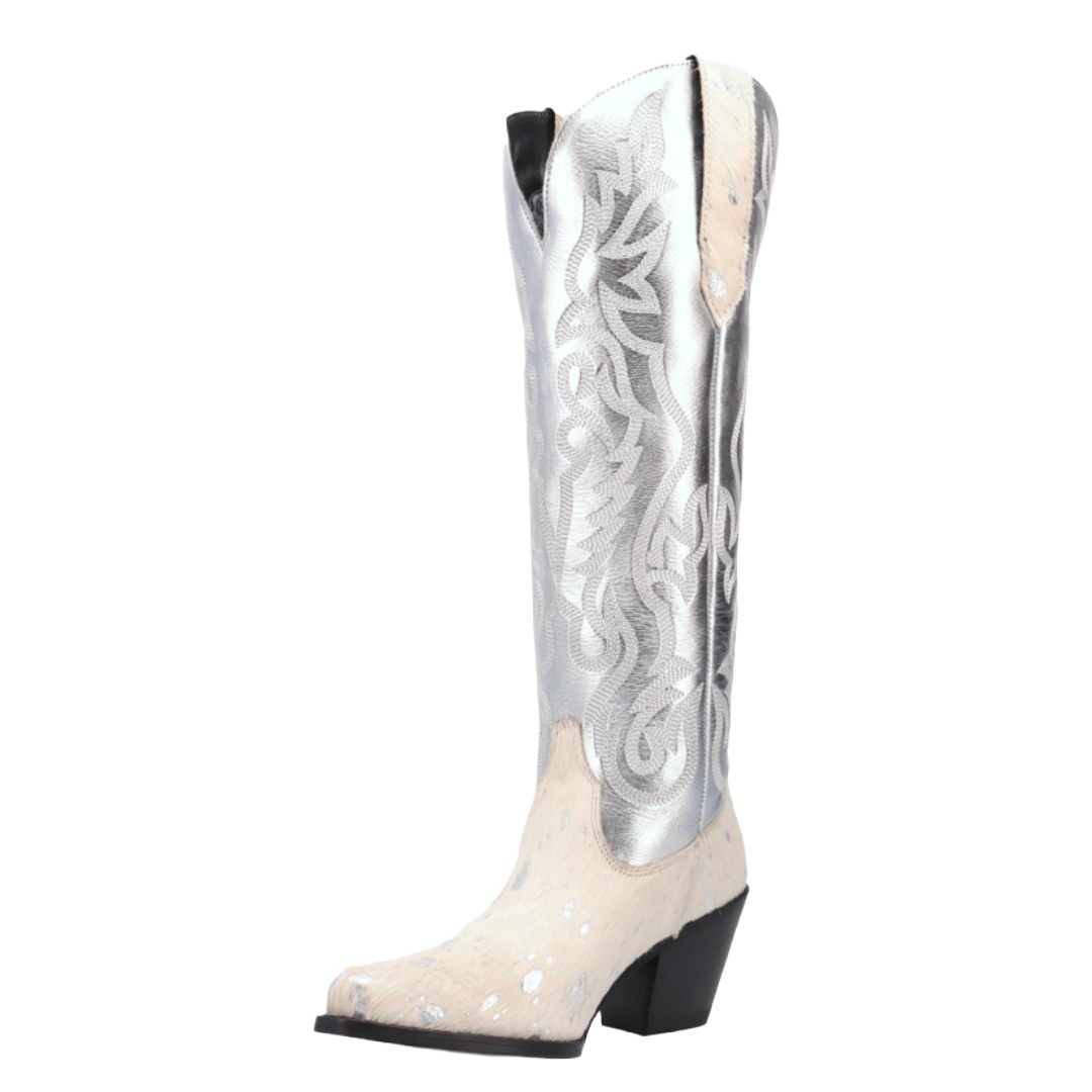 Dingo Ladies Take No Bull White Calf Hair Leather Tall Western Boot DI2375-WH