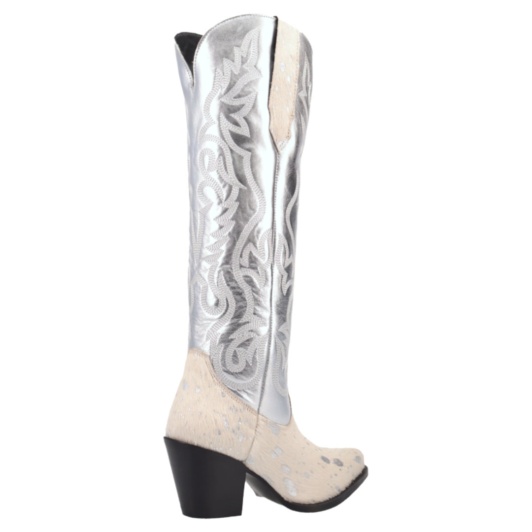 Dingo Ladies Take No Bull White Calf Hair Leather Tall Western Boot DI2375-WH