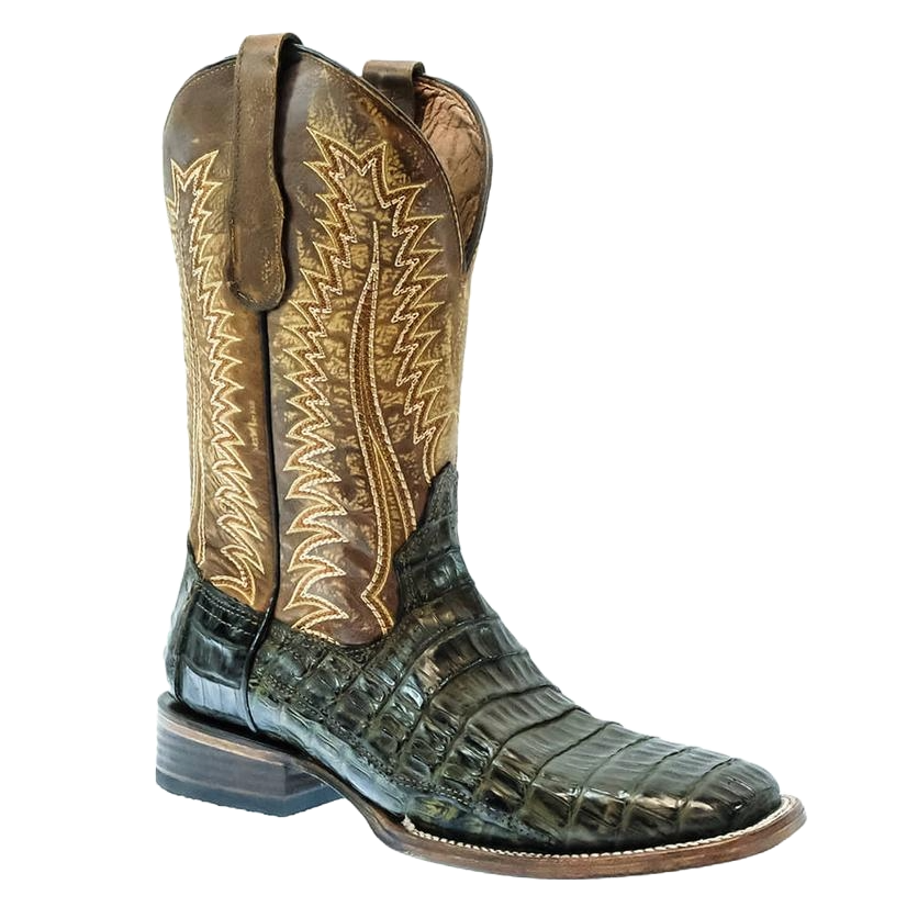 Circle G Men's Olive Green/Ocher Caiman Wide Square Toe Boots L6054