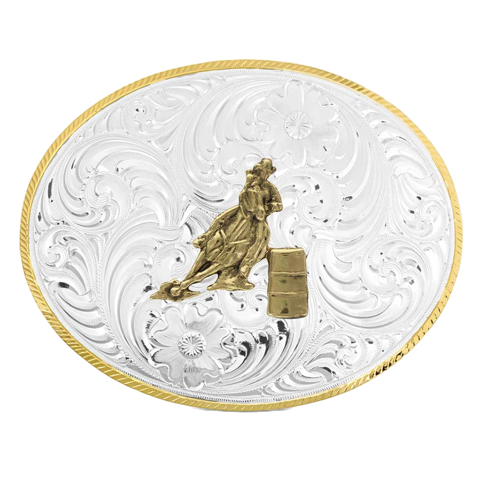 Montana Silversmiths Petite Two-Toned Engraved Buckle with Barrel Racer 5007-649