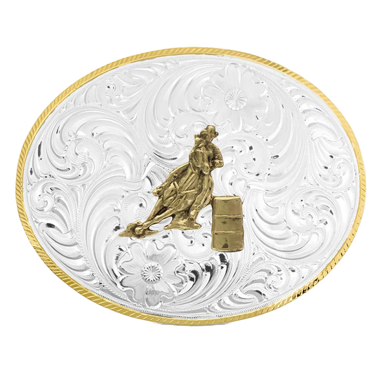 Montana Silversmiths Petite Two-Toned Engraved Buckle with Barrel Racer 5007-649
