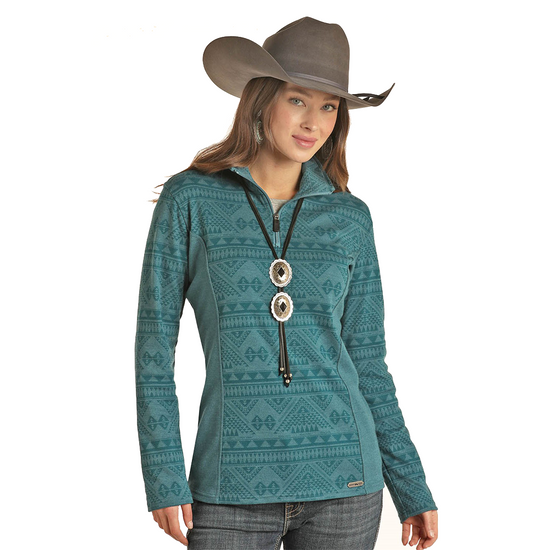 Powder River Ladies Aztec Knit Henley 1/4 Zip Teal Sweatshirt 51-1036