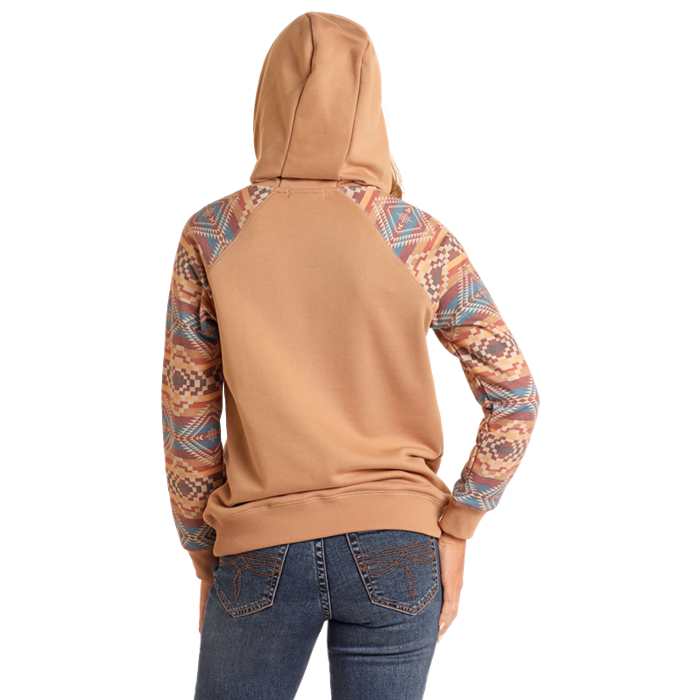 Rock & Roll Ladies Contrast Sleeves Tan Hoodie BW94T05225