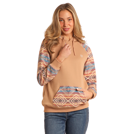 Rock & Roll Ladies Contrast Sleeves Tan Hoodie BW94T05225