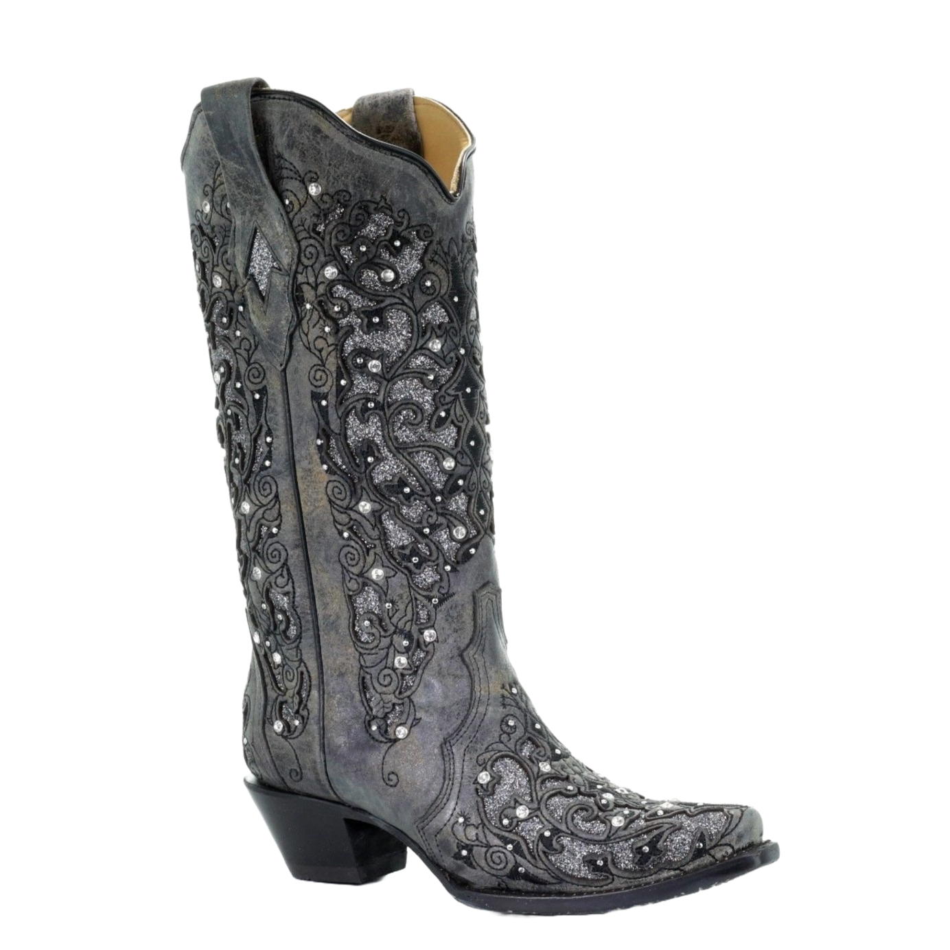 Corral Ladies Grey Glitter Inlay/Crystals Sniped Toe Boot A3672