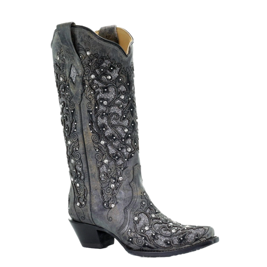 Corral Ladies Grey Glitter Inlay/Crystals Sniped Toe Boot A3672