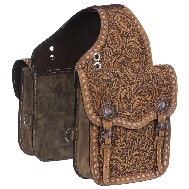 Tough 1 Leather Floral Tooled Saddle Bag with Buckstitching