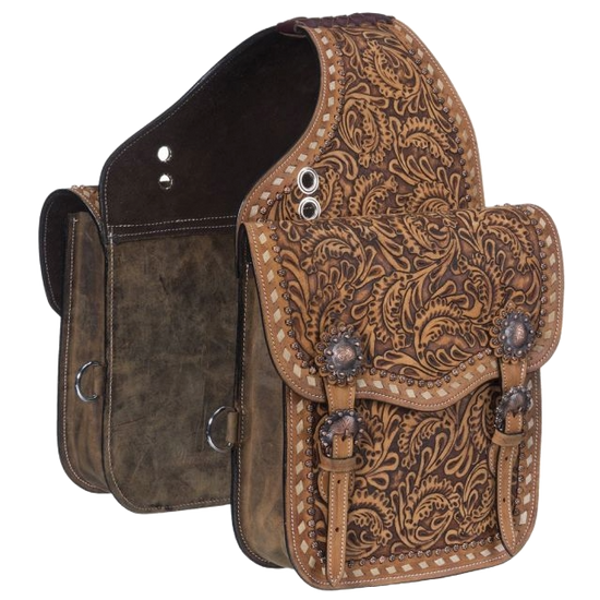 Tough 1 Leather Floral Tooled Saddle Bag with Buckstitching