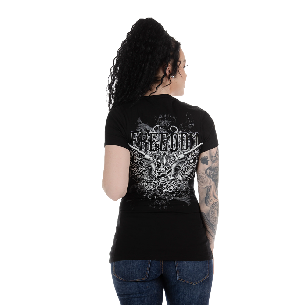 Liberty Wear Ladies Ruger Rhinestone Freedom Guns Black T-Shirt 7167
