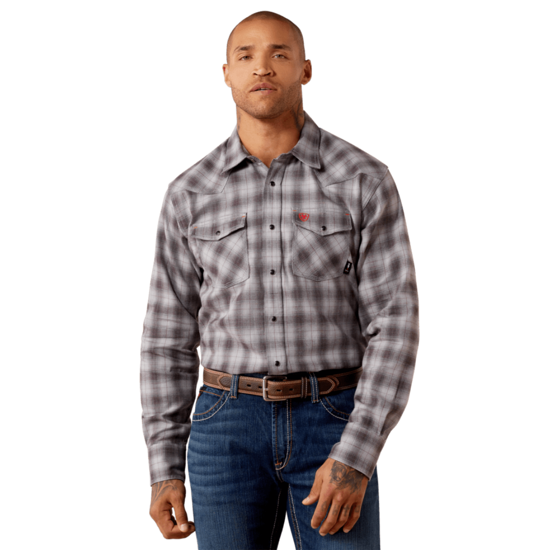 Ariat Men's FR Rob Retro Fit Snap Checkered Grey Work Shirt 10079016