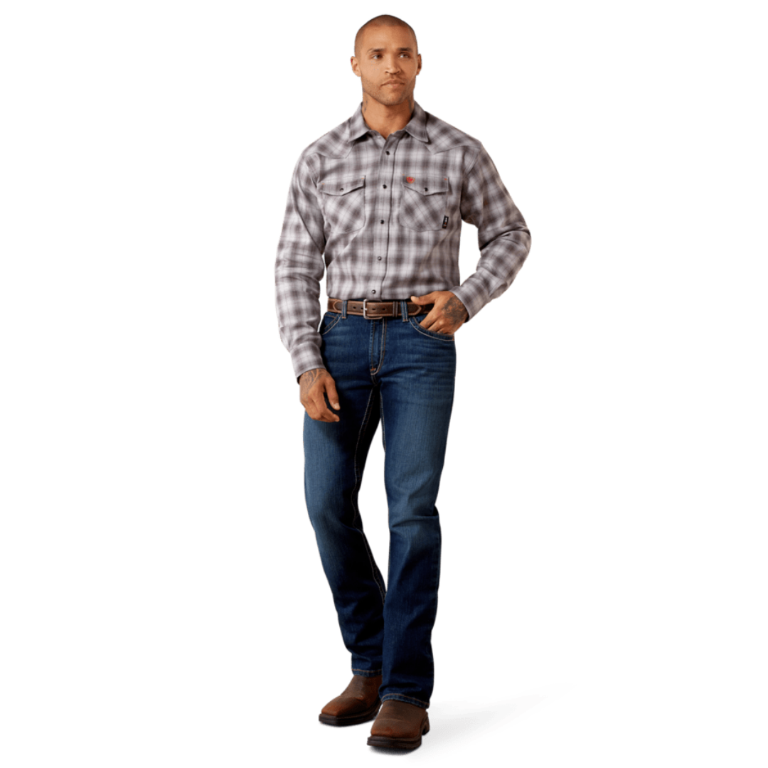 Ariat Men's FR Rob Retro Fit Snap Checkered Grey Work Shirt 10079016