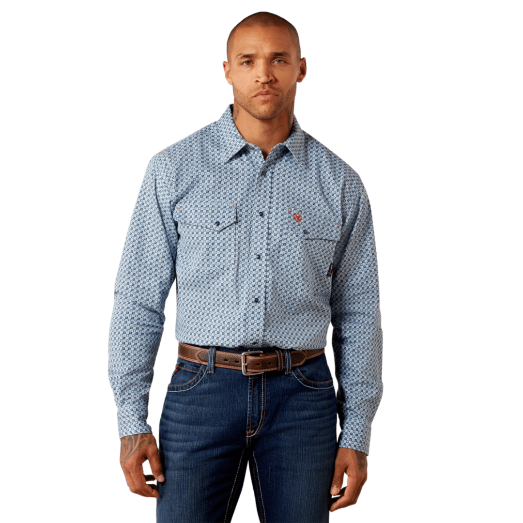 Ariat Men's FR Tom Snap Blue Button Down Work Shirt 10079051