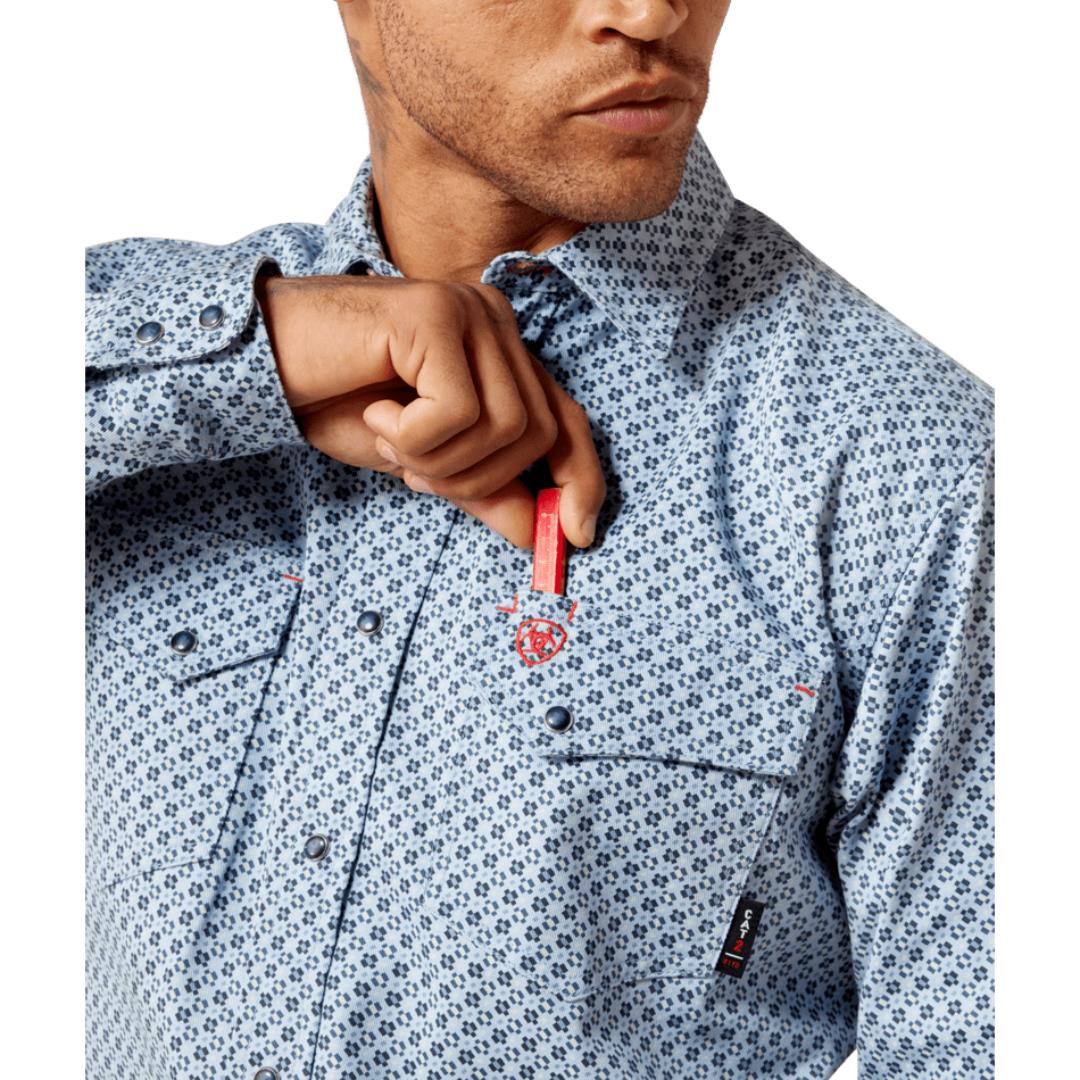 Ariat Men's FR Tom Snap Blue Button Down Work Shirt 10079051