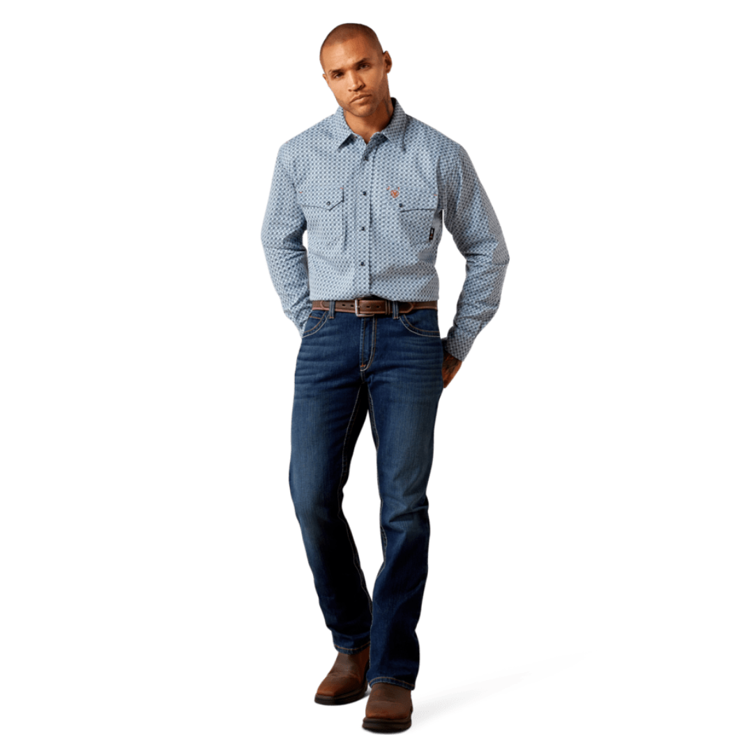 Ariat Men's FR Tom Snap Blue Button Down Work Shirt 10079051