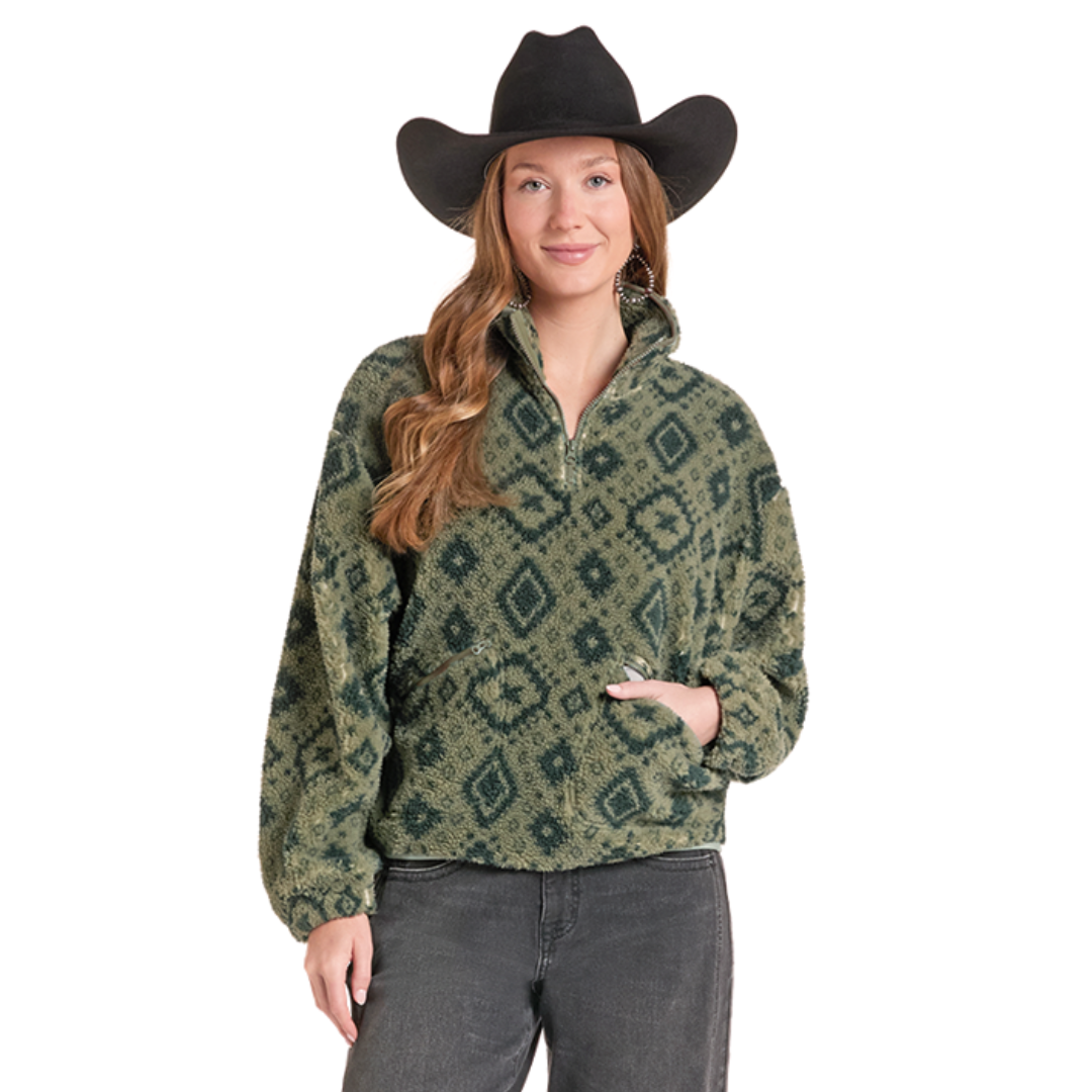 Rock & Roll Denim Ladies Jade Green Aztec 1/4 Zip Sherpa BW91C09416