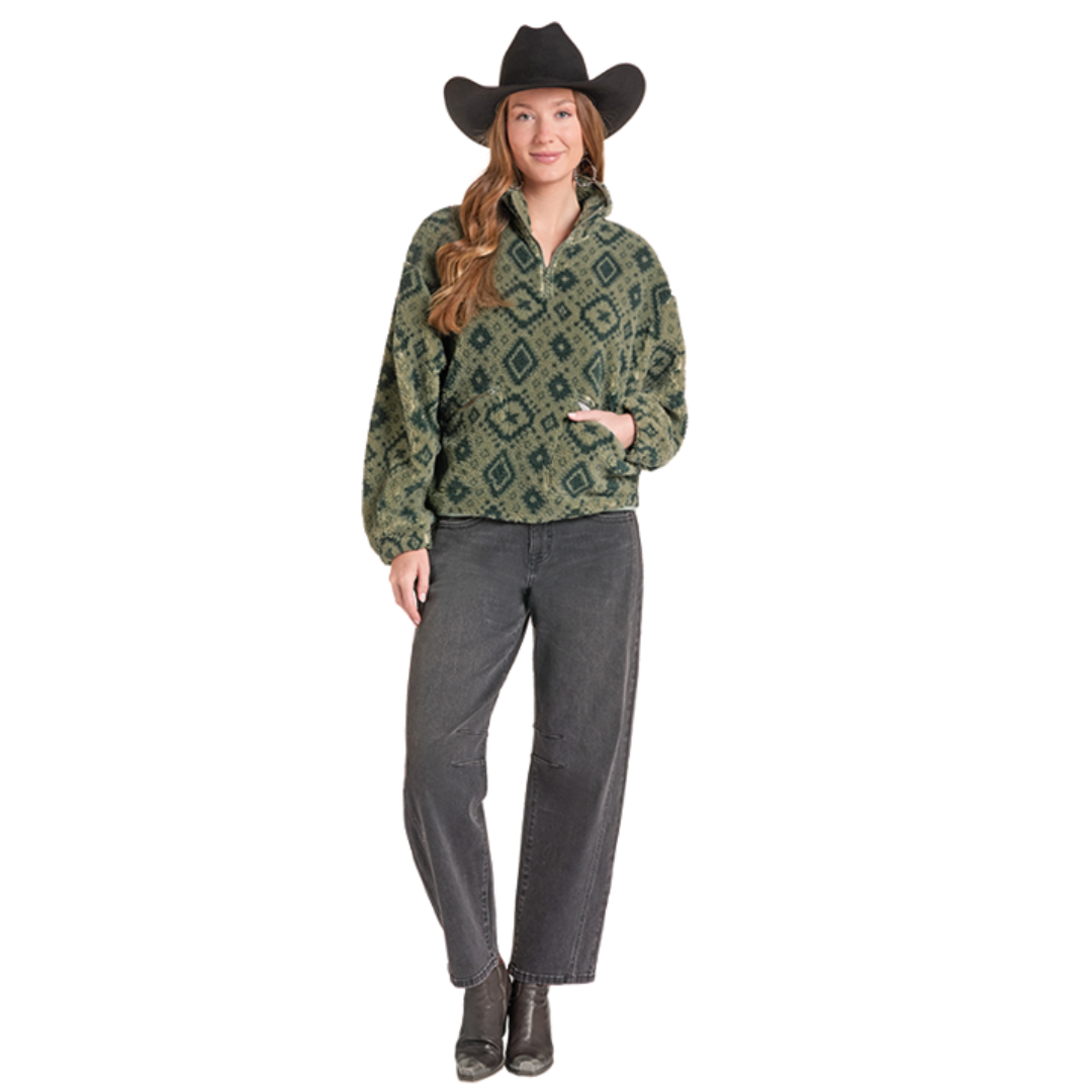 Rock & Roll Denim Ladies Jade Green Aztec 1/4 Zip Sherpa BW91C09416