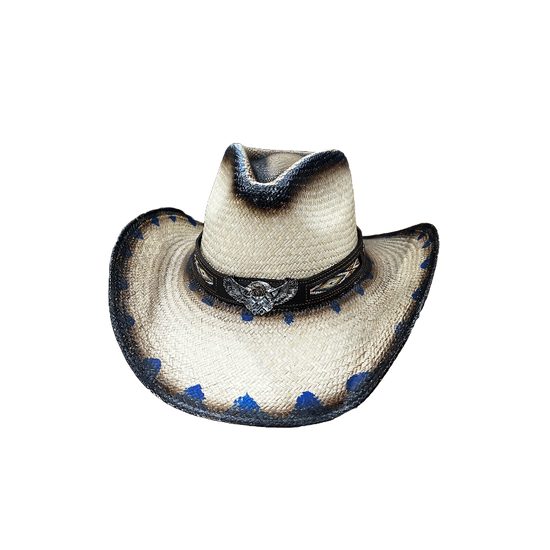 Austin Traders Distressed Eagle Natural & Blue Straw Hat 05-909