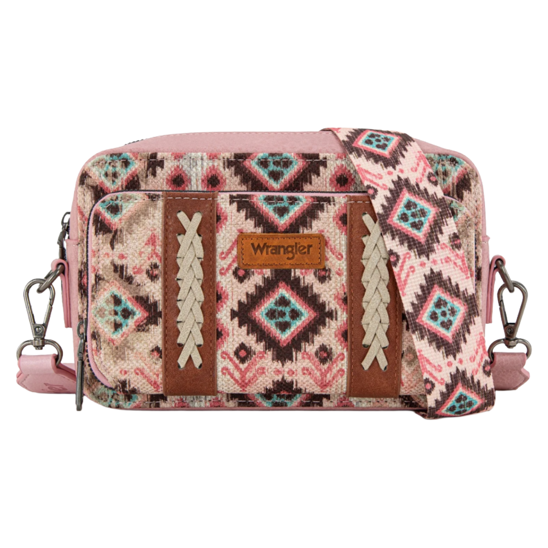 Wrangler Ladies Southwestern Pattern Dark Pink Dual Sided Print Crossbody Purse WG130-3003DPK