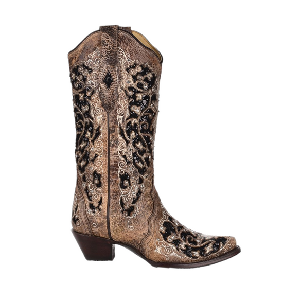 Corral Ladies Ashley Brown Floral & Black Sequin Inlay Boots A3569