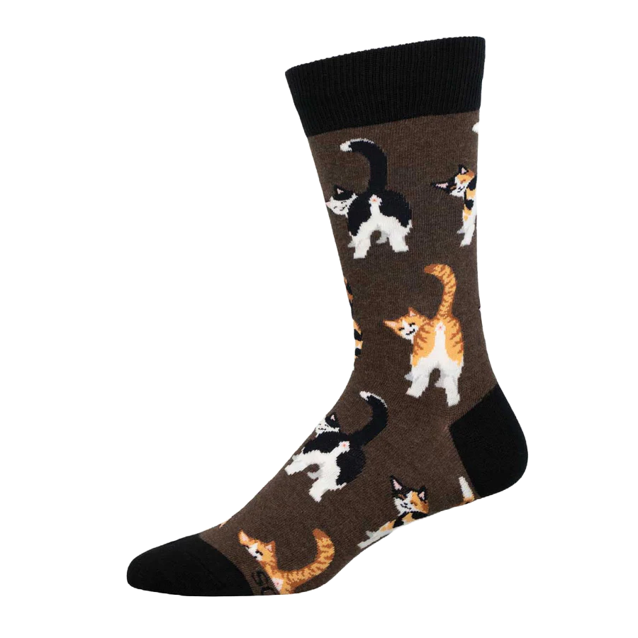 SockSmith Men's Cat Butts Brown Heather Crew Sock MNC3366-HEB